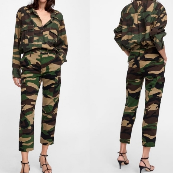 Zara Low Rise Camo Cargo Pants Size 4 - Picture 1 of 5